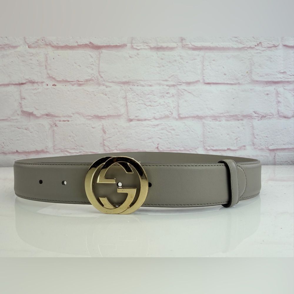 Authentic Gucci Gray Interlocking G Leather Belt Gold Buckle 546386 85/34 - Picture 3 of 9